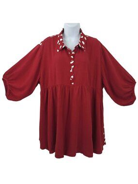 Umgee Burgundy Babydoll Tunic Top L Dalmatian Print Collar Balloon Sleeve Boho